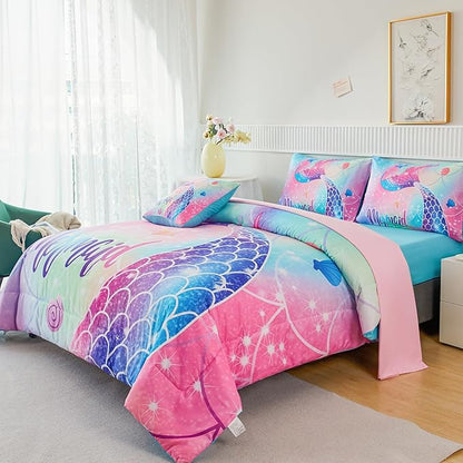 RYNGHIPY Mermaid Queen Kids Bedding Set, Rainbow Comforter Set with Sheets, 6 Pieces Teen Girls Bed in a Bag