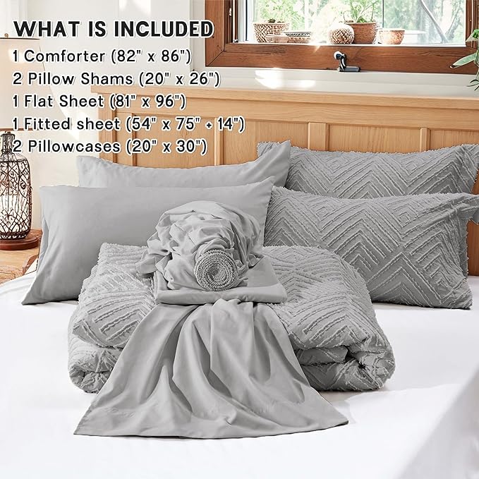 Zzlpp Full Comforter Set 7 Pieces, Light Grey Tufted Bed in a Bag with Comforter and Sheets, All Season Boho Bedding Sets with Comforter, 2 Pillow Shams, 2 Pillowcases, 1 Flat Sheet, 1 Fitted Sheet