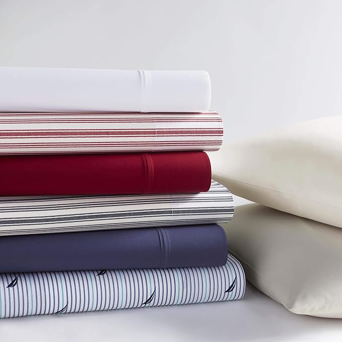 Nautica - King Sheets, Cotton Percale Bedding Set, Casual Home Decor (Coleridge Stripe Red, King)