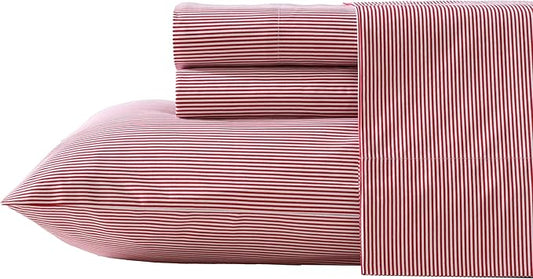 Nautica - Twin XL Sheet Set, Lightweight & Breathable Cotton Percale Bedding Set with Matching Sham(s), Crisp & Cool Bedding Essentials, Oeko-Tex Certified (Penny Pinstripe Red, Twin XL)