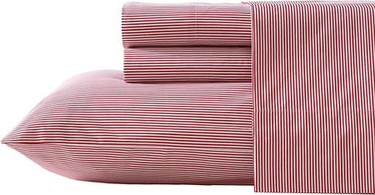 Nautica - Full Sheet Set, Lightweight & Breathable Cotton Percale Bedding Set with Matching Sham(s), Crisp & Cool Bedding Essentials, Oeko-Tex Certified (Penny Pinstripe Red, Full)
