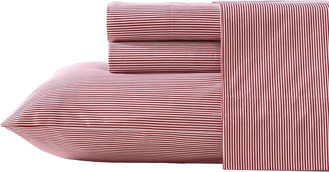 Nautica - King Sheet Set, Lightweight & Breathable Cotton Percale Bedding Set with Matching Sham(s), Crisp & Cool Bedding Essentials, Oeko-Tex Certified (Penny Pinstripe Red, King)