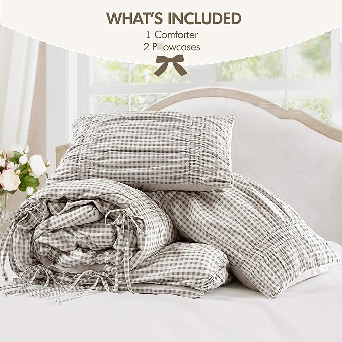 Intelligent Design Ella Queen Comforter Set – Ruched Gingham Shabby Chic Bedding, Bow-Tie Detail, All Season Lightweight 3 Piece Bedding Set, Sham, Full/Queen, Brown