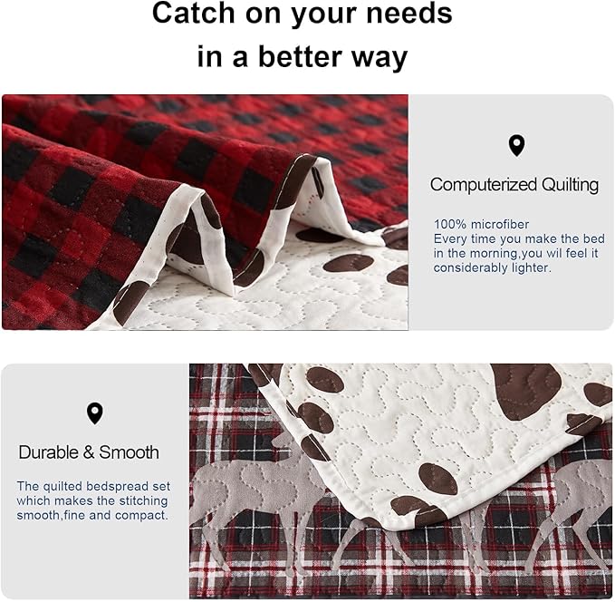 Ycosy Moose Bear Quilt Set Twin Size Plaid Bedding Red Black Patchwork Rustic Quilts Reversible Lodge Bear Bedspread Geometric Cabin Coverlet Lightweight Bedcover Woodland Decor(68"x 86")