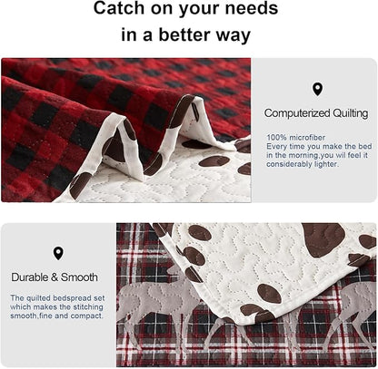 Ycosy Moose Bear Quilt Set Twin Size Plaid Bedding Red Black Patchwork Rustic Quilts Reversible Lodge Bear Bedspread Geometric Cabin Coverlet Lightweight Bedcover Woodland Decor(68"x 86")