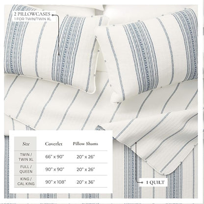 Great Bay Home Striped Quilt Set - 3-Piece Full/Queen Size Farmhouse Bedding Set - Lightweight, All-Season, Reversible Bedspread (White/Navy)