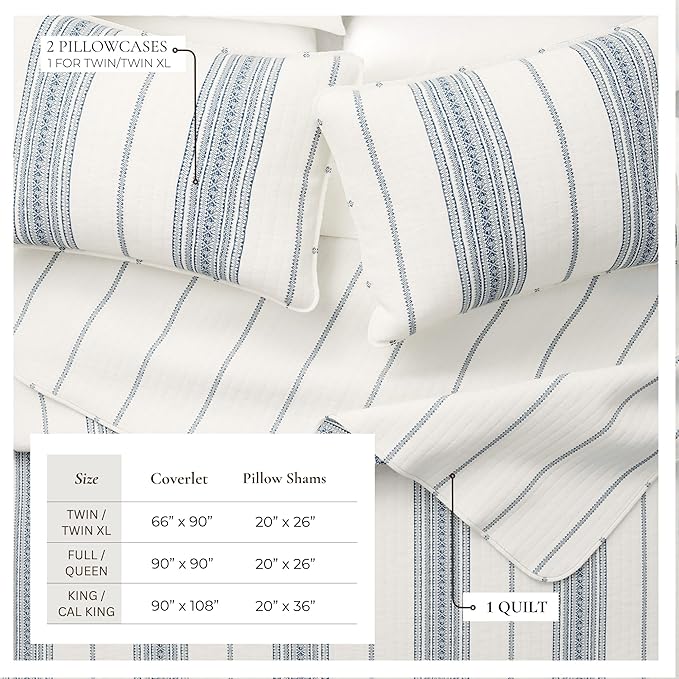 Great Bay Home Striped Quilt Set - 2-Piece Twin/Twin XL Size Farmhouse Bedding Set - Lightweight, All-Season, Reversible Bedspread (White/Navy)