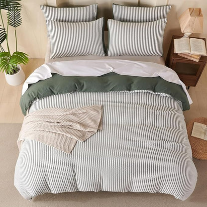 Comforter Set King Size Green Soft Luxury Washed Microfiber Jacquard 3 Pieces Bedding Set, White Green Vertical Ticking Stripes Pattern Comforter with 2 Pillowcases Breathable Durable Comfy