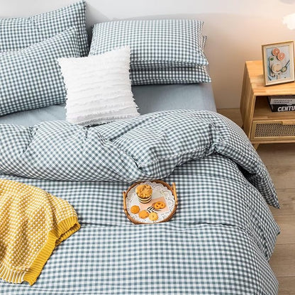 mixinni Blue Gingham Comforter Set Twin XL, Plaid Comforter Set 3 Pieces 1 Blue Grid Comfoter with 2 Pillow Cases for All Seasons, Soft Fluffy Modern Grid Pattern Printed Bedding-Twin XL Size