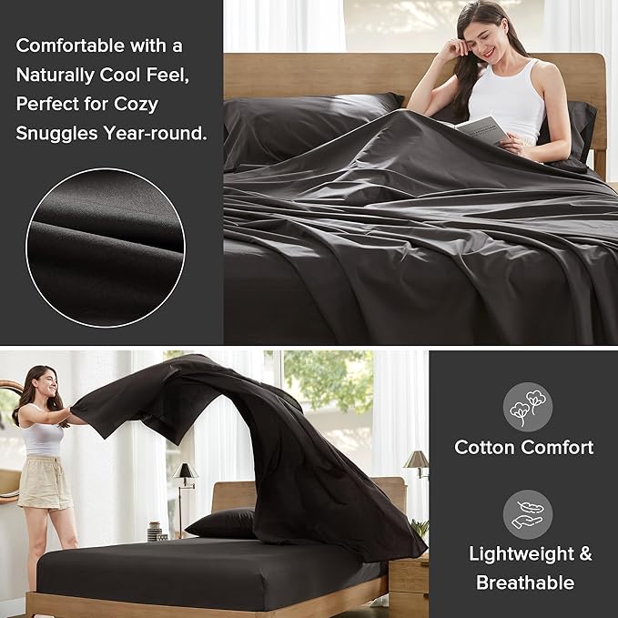 Comfort Spaces 100% Cotton Sheets King, Breathable & Ultra Soft Cotton Sheets, Naturally Cool Cotton Bed Sheets with 14" Elastic Pocket Fits up to 16" Mattress, All Season Sheet Set, Black 4 Piece