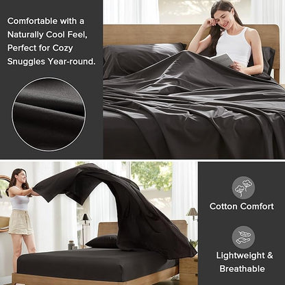 Comfort Spaces 100% Cotton Sheets Full, Breathable & Ultra Soft Cotton Sheets, Naturally Cool Cotton Bed Sheets with 14" Elastic Pocket Fits up to 16" Mattress, All Season Sheet Set, Black 4 Piece