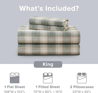 Comfort Spaces 100% Cotton Sheets King, Breathable, Naturally Cool Cotton Sheets, Soft Cotton Bed Sheets with 14" Elastic Pocket Fits up to 16" Mattress, All Seasons Sheet Set, Wesley Green 4 Piece