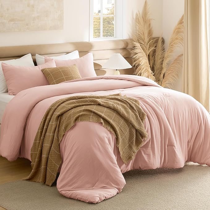 Bedsure Queen Comforter Set, Blush Pink Soft Prewashed Bedding for All Seasons, 3 Pieces GentleSoft™ Bed Set, 1 Lightweight Comforter (90"x90") and 2 Pillowcases (20"x26")