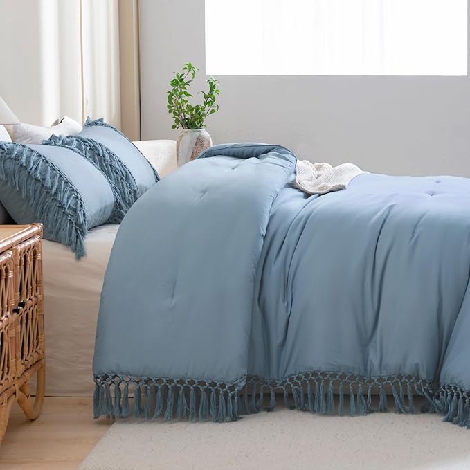 Andency Grayish Blue Full Size Comforter Set, 3 Pieces Boho Tassel Lightweight Soft Bedding Comforter Sets, All Season Fluffy Fringe Bed Set (79x90In Comforter & 2 Pillowcases)