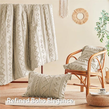 MR&HM Tufted Boho Comforter Set California King, Linen Farmhouse Bedding Set, Bed in a Bag Set 7 Pieces with 1 Comforter, 2 Pillow Shams, 2 Pillowcases, 1 Flat Sheet, 1 Fitted Sheet for All Seasons