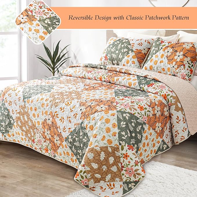 Whale Flotilla Patchwork Quilt King Size, Extra Soft Boho Floral Bedspreads for Bed Reversible Lightweight King Quilt Bedding Set Printed Coverlets with 2 Pillow Shams for All Seasons, Orange