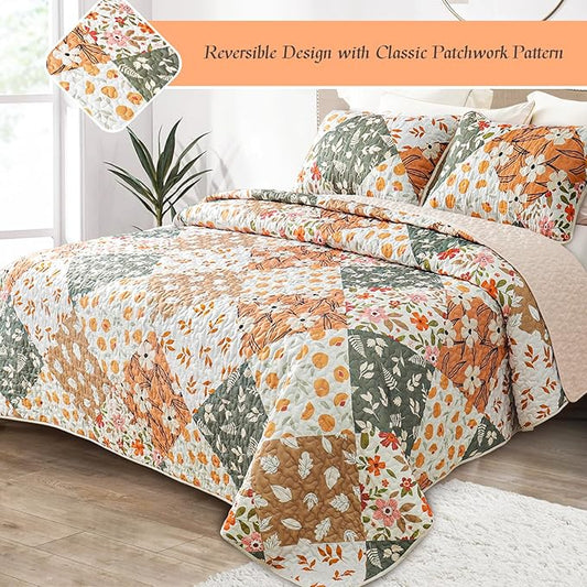 Whale Flotilla Patchwork Quilts Queen Size, Extra Soft Boho Floral Bedspreads for Bed Reversible Lightweight Full Queen Quilt Bedding Set Printed Coverlets with 2 Pillow Shams for All Seasons, Orange