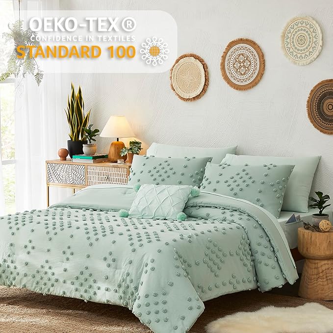 Geniospin Sage Green Full Comforter Set for Girls- 7 Pieces Pom Tufted Bed in A Bag Twin Bedding Sets with Sheets, Pillowcases & Shams, All Season Kids Comforter Set