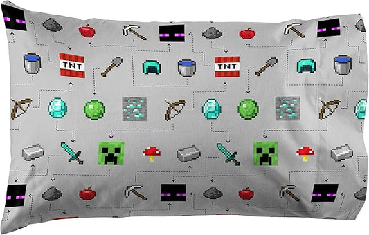 Jay Franco Kids Sheet Set with Fitted, Flat Sheets & Pillow Cover - Ultra-Soft Bedding with Pillowcase for Room Decor, Gray - Minecraft, 4 Piece Full