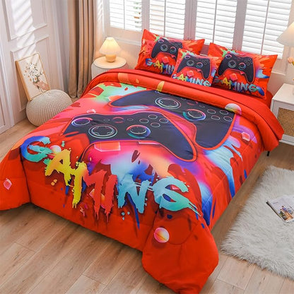 Aimuan Gamer Gaming Bedding Sets 3D Gamepad Comforter Sets for Boys Games Console Action Buttons Novelty Colorful Game Controller Modern Room Decor Home Quilt Set (Red, Full 6PCS)