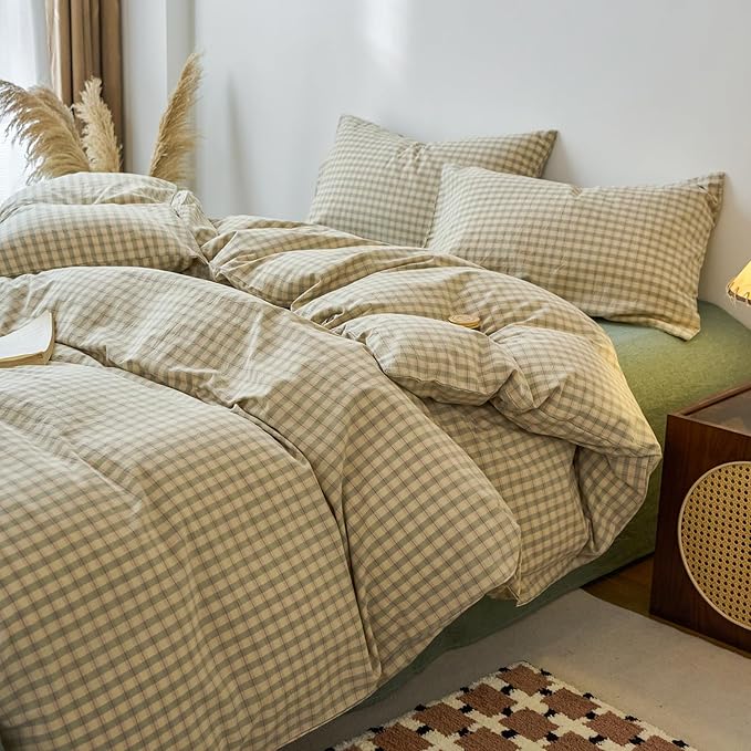 EAVD Vintage Style Green Plaid Duvet Cover King Soft 100% Washed Cotton Chic Checkered Gingham Bedding Set with 2 Pillowcases Farmhouse Green Gingham Duvet Cover with Zipper Closure