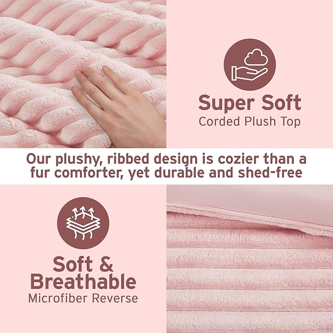 Intelligent Design Twin Comforter Set, Cozy Plush Bedding, Microfiber Reverse, 2 Piece, Lightweight, Super Soft Ribbed Velvet Comforter 1 Sham, All Season Fluffy Bed Set, Avril, Twin/Twin XL Pink