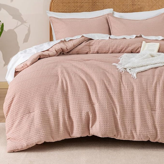 PHF Soft Waffle Comforter Set Queen Size- Comfy Breathable Waffle Weave Comforter with 2 Pillow Shams, 3 Pieces Less Snagging Lightweight Textured Bedding Set for All Season, Rose Pink