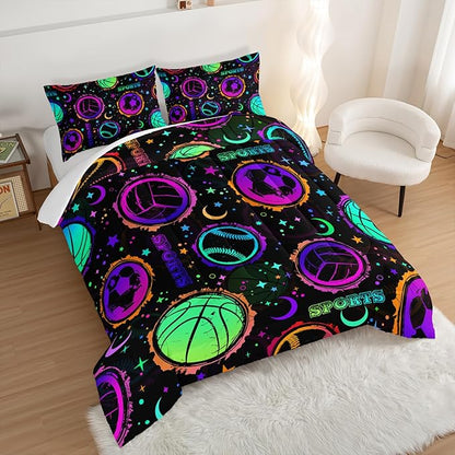 Ball Games Bedding Basketball Football Baseball Queen Comforter Set,Colorful Neon Stars and Moon Bedding Set for Kids Girls Boys Room Decor,Sports Aesthetic Bedding Sets with 2 Pillowcases.