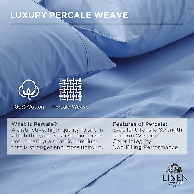 Linen Home 100% Cotton Percale Pillowcases King Size, Baby Blue, 2 Pieces of Pillow Case, Crisp and Cool Strong Bed Linen, 20 inches X 40 inches