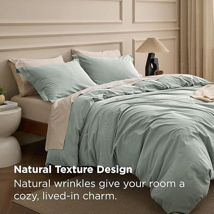 Bedsure 100% Washed Cotton Duvet Cover King Size - Sage Green Minimalist Bedding Set Linen Like - PureWoven Plain Simple & Soft Comforter Cover for All Seasons (Sage Green, King, 104"x90")