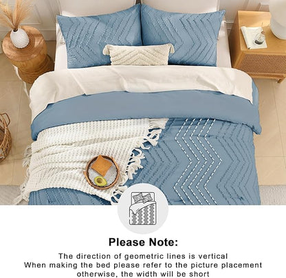 Andency Greyish Blue Oversized Queen Comforter Set, Boho Soft Warm Bedding Comforter Sets, 3 Pieces Aesthetic Chevron Farmhouse Cute Bohemian Textured Bed Set