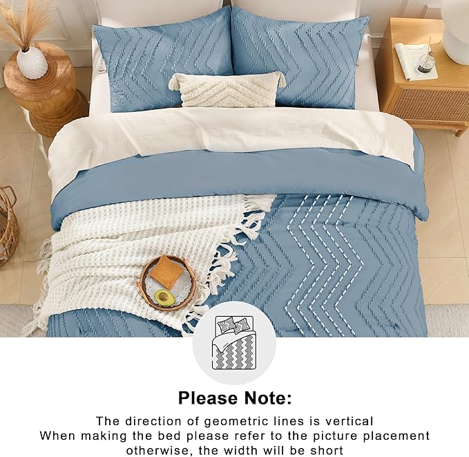 Andency Greyish Blue Comforter Set Queen Size, Boho Soft Warm Tufted Bedding Comforter Sets for Queen Size Bed, 3 Pieces Aesthetic Chevron Farmhouse Cute Bohemian Textured Bed Set