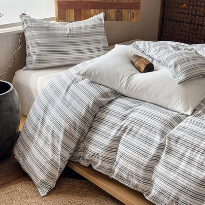 EAVD Retro Grey White Striped Duvet Cover Queen Soft 100% Washed Cotton Reversible Striped Bedding Set with 2 Pillowcases Farmhouse Geometric Pattern Duvet Cover with Zipper Closure