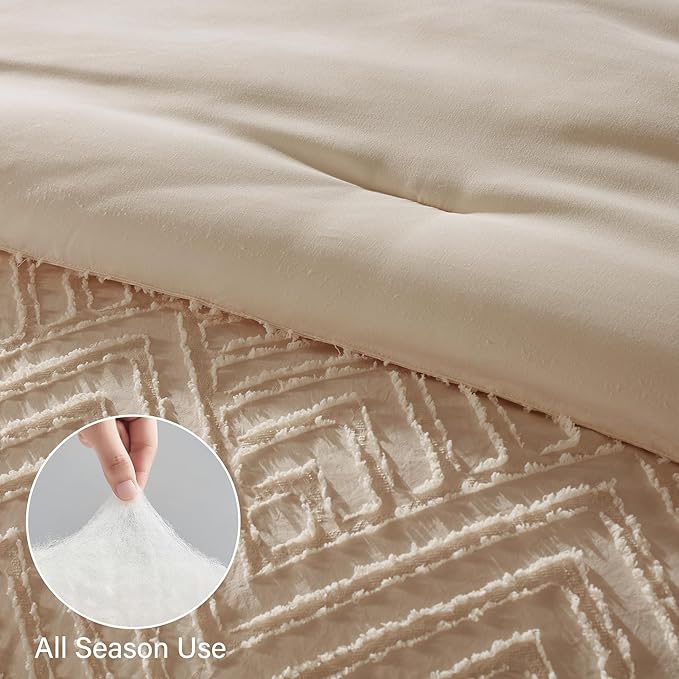 Zzlpp Full Comforter Set 7 Pieces, Beige Tufted Bed in a Bag with Comforter and Sheets, All Season Boho Bedding Sets with 1 Comforter, 2 Pillow Shams, 2 Pillowcases, 1 Flat Sheet, 1 Fitted Sheet