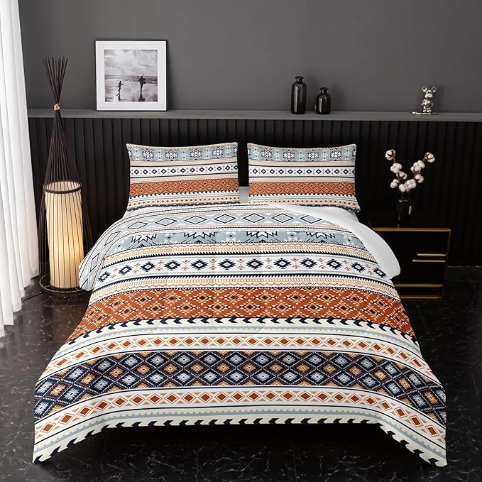 Off White Bohemian Comforter Sets Full Size,Tribal Geometric Bedding Set for Your Room,Abstract Soft Lightweight Quilted Set All Season,1 Comforter and 2 Pillowcases