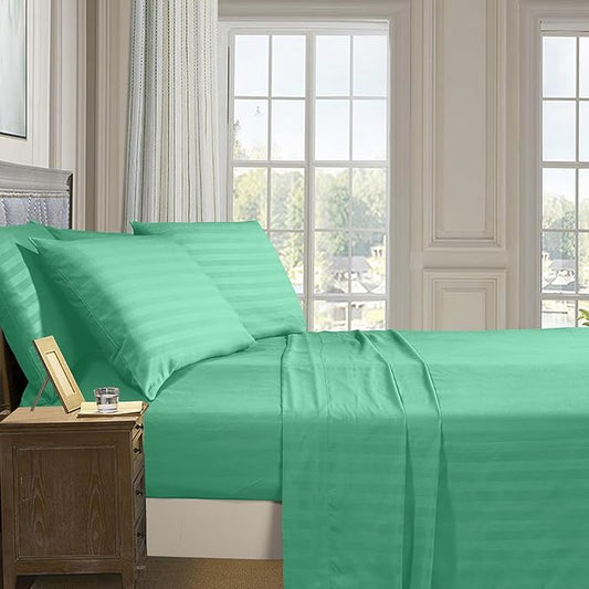 Elegant Comfort Softest and Coziest 4-Piece Sheet Set - 1500 Premium Hotel Quality Microfiber - Deep Pocket, Wrinkle Resistant 4-Piece Damask Stripe Bed Sheet Set, Twin, Paradise Teal