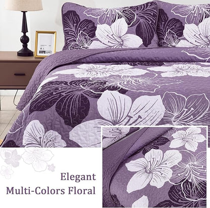 DJY 3 Pieces Quilt Set King Dark Purple Floral Pattern Quilt Coverlet Set Elegant Boho Bedspread with 2 Pillow Cases Soft Microfiber Botanical Bedding Quilt Set for Teens Adults 104"x 90"