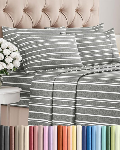 Full 6 Piece Sheet Set - Comfy Breathable & Cooling - Soft Hotel Luxury Bedding Set with 8-16 Inch Deep Pockets - 1 Flat & 1 Fitted Sheet & 4 Pillowcases - Wrinkle Free & Easy Care - Grey Stripes 3