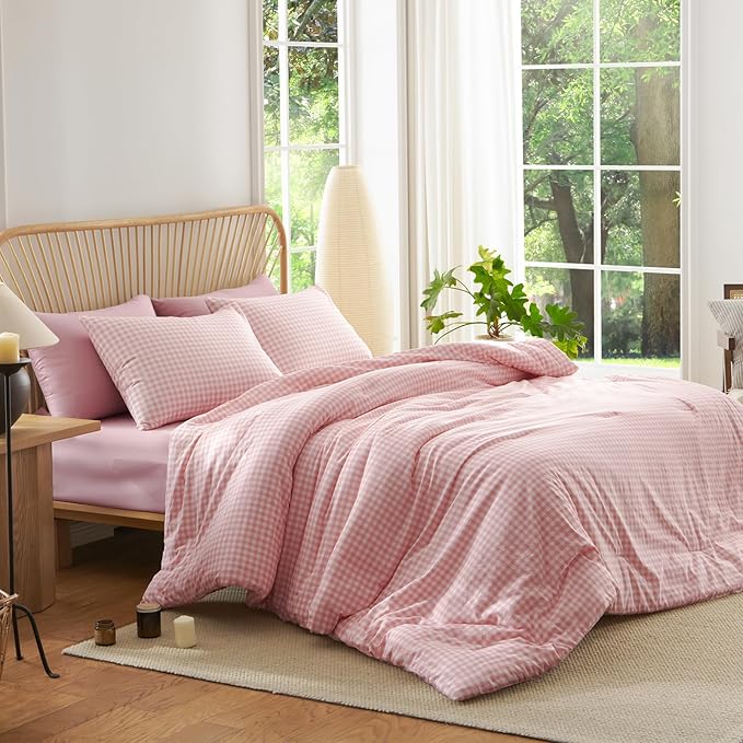 Nayoroom Gingham Comforter Set Full Size Pink Plaid Checkered Dorm Bedding Set Girls 3 Pieces Soft Lightweight Farmhouse Grid Comforter for All Seasons (1 Comforter, 2 Pillowcases)