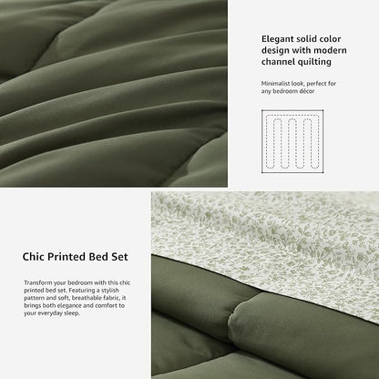 Monbix Queen Comforter Set - 7 Pieces Olive Green Bed in a Bag Queen Track Stitching Bedding Sets, All Seasons Comforter Bed Set with Sheets,Pillowcases & Shams