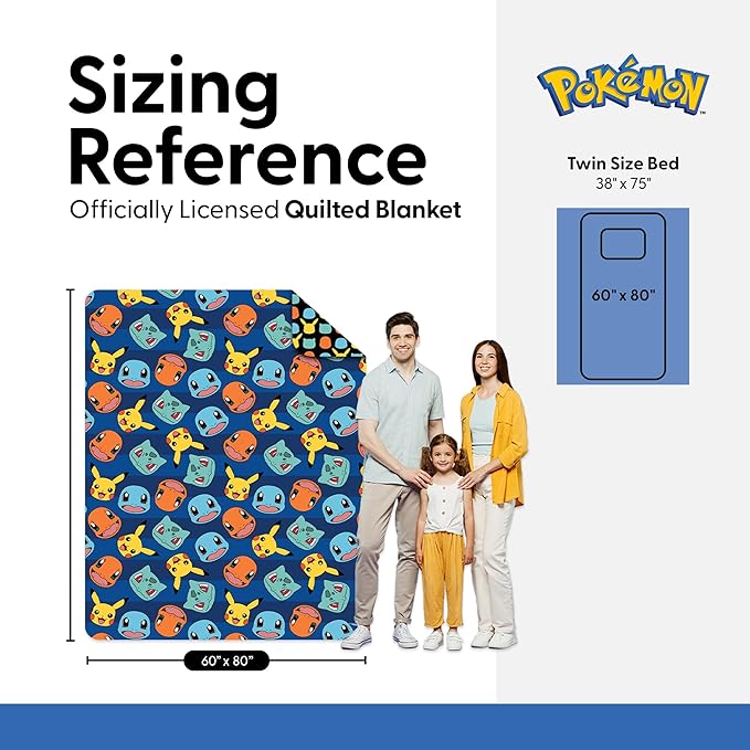 Northwest Pokémon Striped Favorites Quilted Throw Blanket – Oversized Blanket Featuring Pikachu, Charmander, Bulbasaur & Squirtle, Soft and Comfy for Bed, Couch, 60 x 80 Inches
