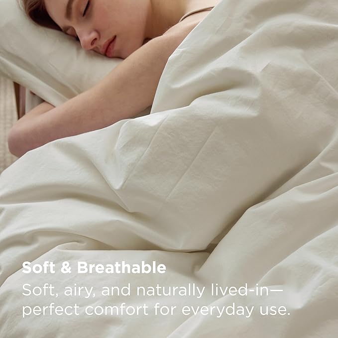 Bedsure 100% Washed Cotton Duvet Cover Full Size - Ivory Minimalist Bedding Set Linen Like - PureWoven Plain Simple & Soft Comforter Cover for All Seasons, 3 Pieces (Ivory, Full, 80"x90")