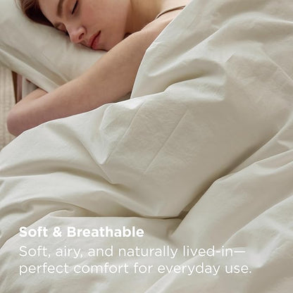 Bedsure 100% Washed Cotton Duvet Cover Queen Size - Ivory Minimalist Bedding Set Linen Like - PureWoven Plain Simple & Soft Comforter Cover for All Seasons, 3 Pieces (Ivory, Queen, 90"x90")
