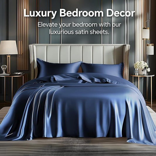 BEDELITE Satin Sheets Full Size Bed Set, Luxury Soft Navy Silky Sheet for Hair and Skin, Similar to Silk Bed Sheets Set 4 Pieces with 1 Deep Pocket Fitted Sheet, 1 Flat Sheet, and 2 Pillowcases