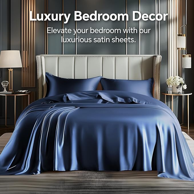 BEDELITE King Size Sheets Set, Luxury Soft Navy Satin Sheets for Hair and Skin, Similar to Silk Bed Sheets Set 4 Pieces with 1 Deep Pocket Fitted Sheet, 1 Flat Sheet, and 2 Pillowcases