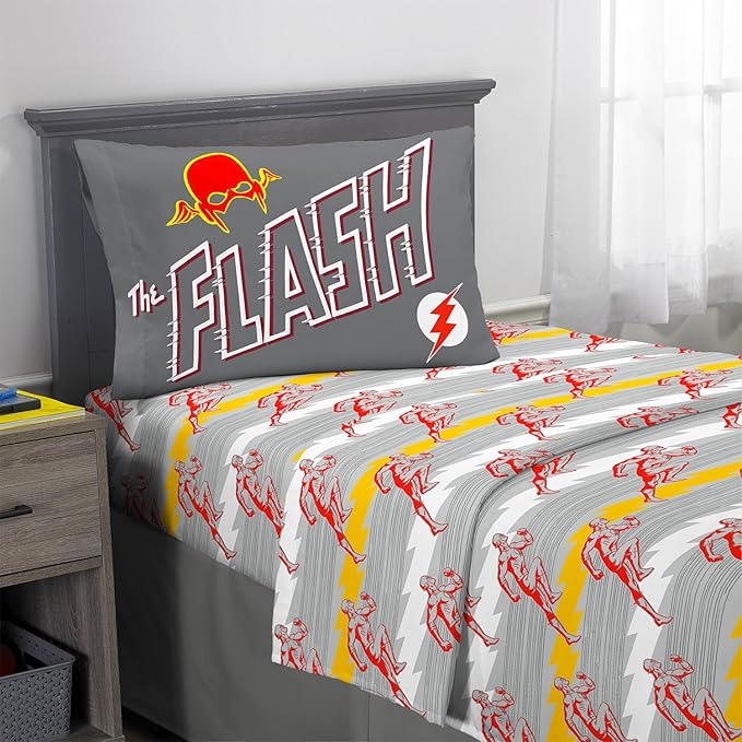 The Flash Bedding Set Full Size Bed - Bundle with DC Comics Flat Sheet, Fitted Sheet, and Pillowcases for Full Bed Plus Stickers, More | The Flash Bedding for Boys