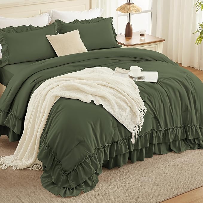 Andency Olive Green King Comforter Set (104x90Inch), 3 Pieces Ruffle Comforter Set with 2 Pillowcases, Farmhouse Shabby Chic Lightweight Fluffy Soft Polyester All Season Bed Set