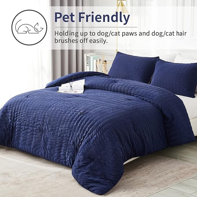 AveLom Navy Blue Seersucker Twin/Twin XL Comforter Set (68x90 inches), 2 Pieces-100% Soft Microfiber Lightweight Comforter with 1 Pillowcase, All Season Down Alternative Comforter Set for Bedding