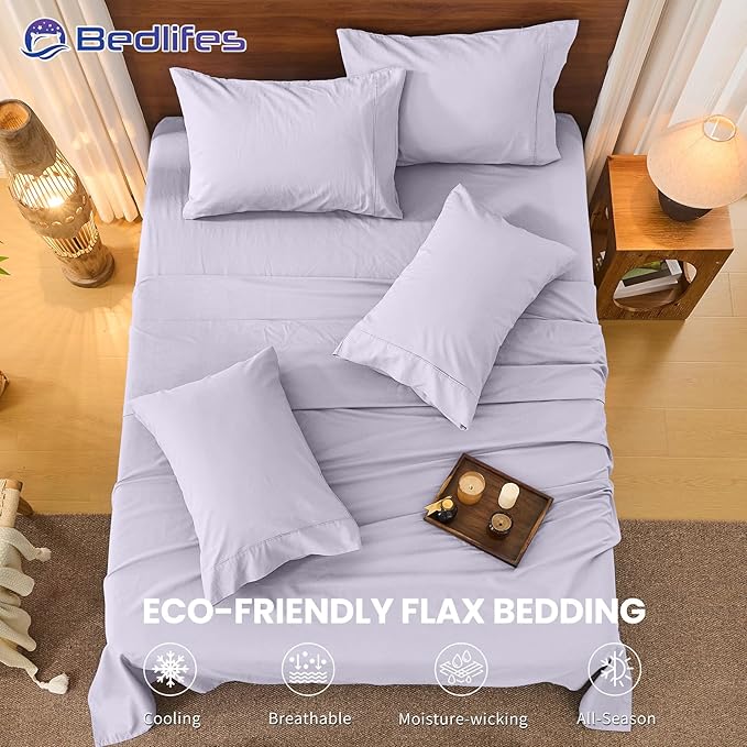 Bedlifes 100% French Pure Linen Sheets King Size Breathable and Cooling Flax Sheet Set Soft Durable and Moisture Wicking 16 Inch Deep Pocket-4 Piece(King,Lavender)