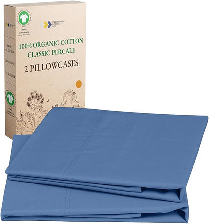 California Design Den Pillow Cases King Size Set of 2 - Soft 100% Organic Cotton, Crisp and Breathable Percale, Durable Organic Pillow Cases with Envelope Closure - Riviera Blue